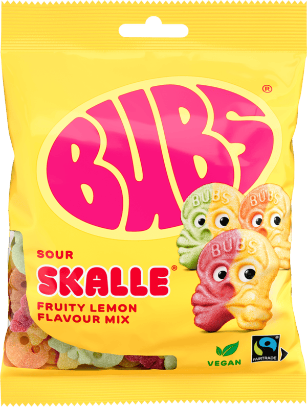 BUBS Fruity Lemon Mix Skalle 90g bag with colorful skull-shaped sour foam candy
